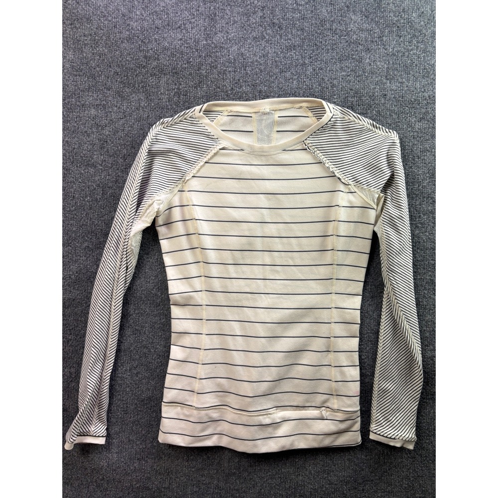 Lululemon Striped Long Sleeve Top Womens XS Cream Navy Lace Back Mesh Pocket